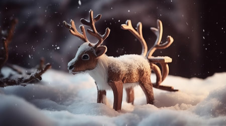 Reindeer with snowfall in winter forest. 3d renderingの素材