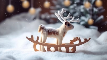 Christmas reindeer on a wooden sled in the snow. Christmas backgroundの素材