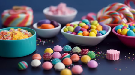 Colorful candies in bowls on dark background. Selective focus.の素材