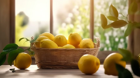 Lemons in a basket on a wooden table against the windowの素材