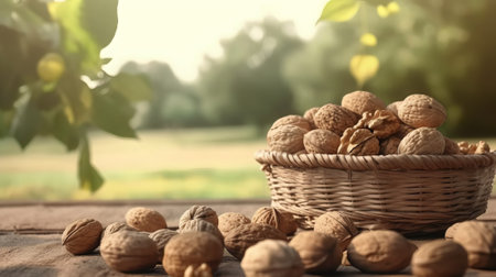 Walnuts in a wicker basket on a wooden table in the gardenの素材