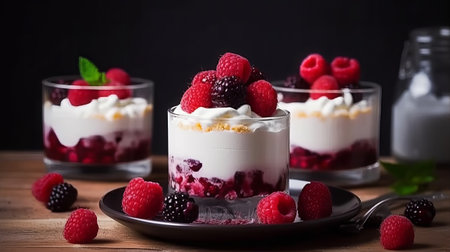 Dessert with yogurt, raspberries and blackberries in a glassの素材