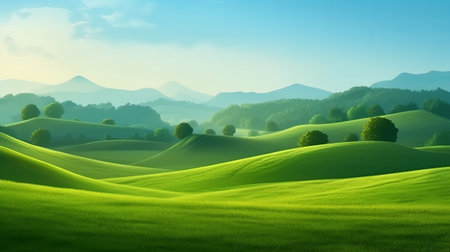 Beautiful landscape with green hills and blue sky, 3d renderの素材