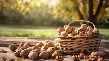 Walnuts in a wicker basket on a wooden table in the parkの素材