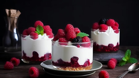 Raspberry cheesecake with fresh raspberries and blackberries.の素材