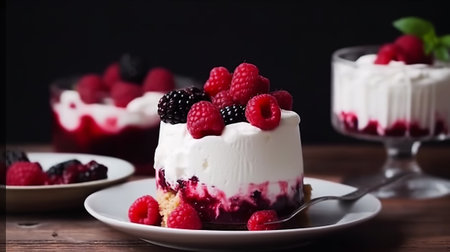 Cheesecake with fresh raspberries and blackberries, selective focusの素材