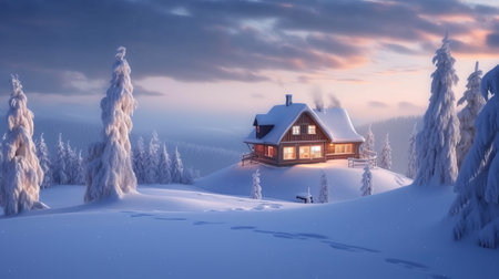 Winter cottage in the mountains. 3d render. Christmas background.の素材