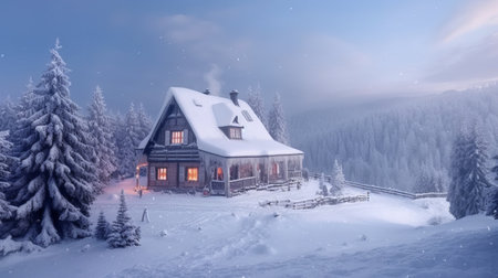 Beautiful winter landscape with wooden house in the mountains at night.の素材