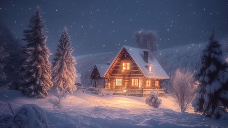Winter landscape with wooden house in the snowy forest. Christmas background.の素材