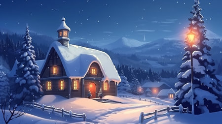 Winter village with christmas tree and house at night. Vector illustration.の素材