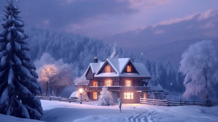 Winter cottage in the mountains. Winter landscape. Christmas and New Year.の素材