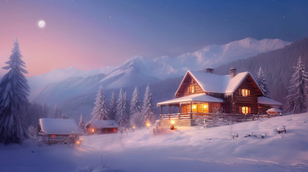Beautiful winter landscape with wooden house in the mountains at night.の素材