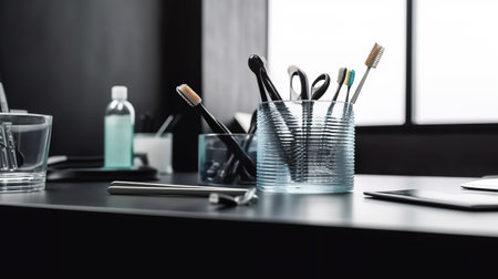 Close-up of brushes in glass jar on black table in officeの素材