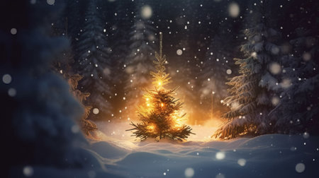 Fir tree in winter forest. 3D illustration. Christmas card.の素材
