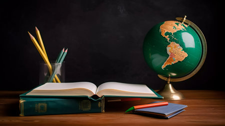 Globe and books on blackboard background. Back to school conceptの素材