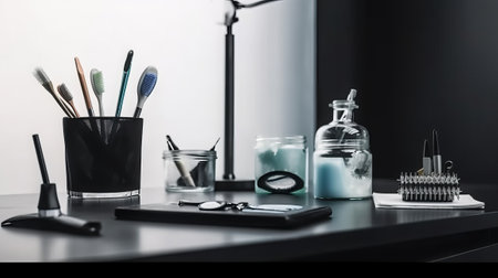 Professional makeup artist tools on black table in modern beauty salon, close upの素材