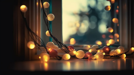Christmas garland lights on the windowsill with a bokeh effectの素材
