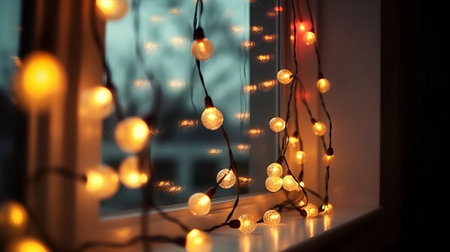 Glowing yellow Christmas lights on the window, bokeh effectの素材