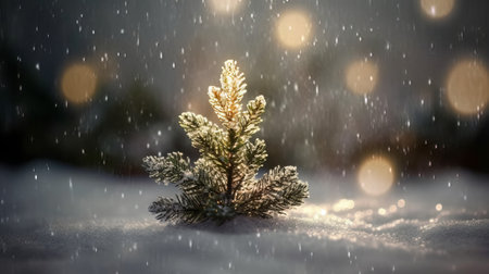 Christmas tree in snow with bokeh background. Christmas and New Year concept.の素材