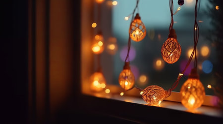 Decorative Christmas garland on the window. Bokeh lightsの素材
