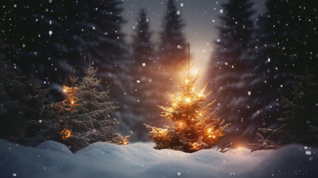 Fir tree in the snowy forest. Christmas and New Year background.の素材