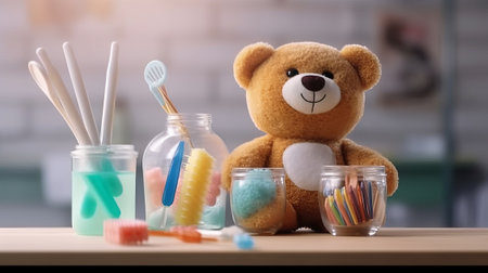 Toothbrushes, toothpaste and teddy bear on tableの素材