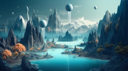 Fantasy alien planet. Mountain and lake. 3D illustration.の素材