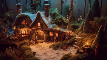 Christmas nativity scene with Santa Claus and little village in the snowの素材