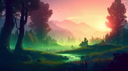 Fantasy forest landscape with lake and mountains at sunset. Vector illustration.の素材