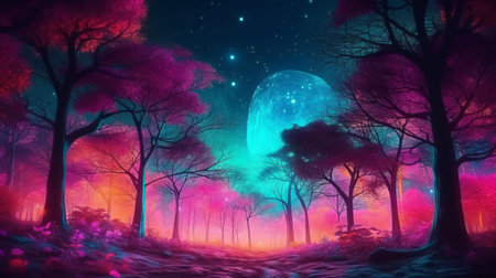 Mystical forest with full moon in the night. 3D renderingの素材