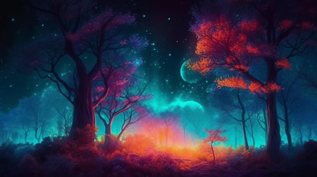 Fantasy landscape with magic forest and moon. 3d illustration.の素材