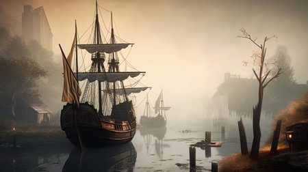 Fantasy landscape with old ship on the river. 3d renderの素材