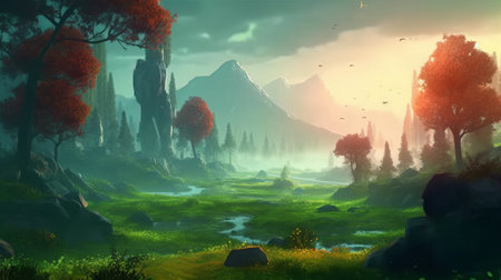 Fantasy landscape with trees, mountains and lake. Digital painting.の素材