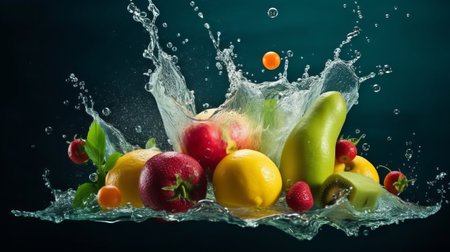 Fruits and vegetables falling into water with splash on dark background.の素材