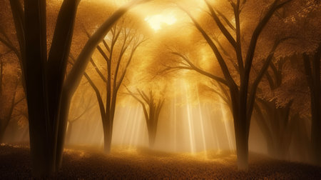Beautiful magic forest with fog and rays of light. 3d renderingの素材