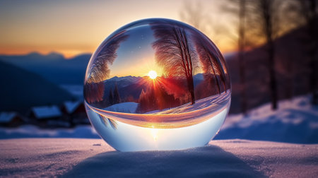 Crystal ball with sunset in the mountains. Winter wonderland landscape.の素材