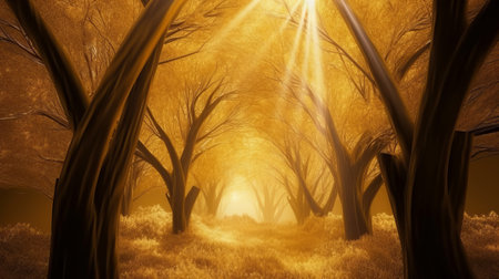 3d render of an autumn forest with trees and rays of lightの素材