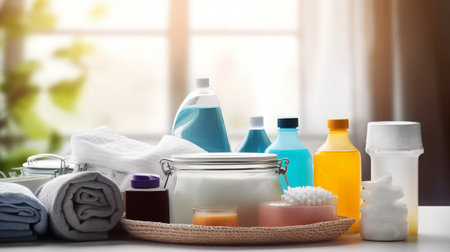 Spa still life with towels, soaps and bottles of body care productsの素材