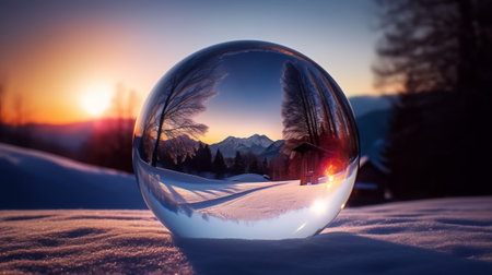 Crystal ball with winter landscape at sunset. Christmas and New Year concept.の素材