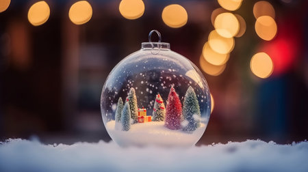 Christmas glass ball with christmas trees and houses in the snow on bokeh backgroundの素材