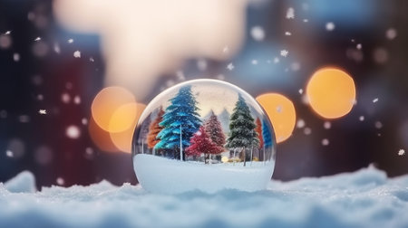 Snow globe with christmas trees in the snow and bokeh backgroundの素材