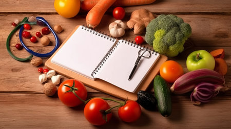 Healthy eating concept. Various fresh vegetables and notebook on wooden backgroundの素材