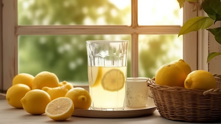 Glass of fresh lemonade and lemons on windowsill, outdoorsの素材