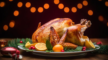 Roasted turkey or chicken with Christmas decoration and lights on background.の素材