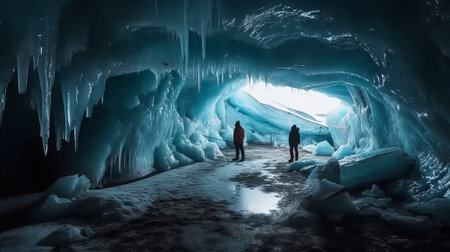 Ice cave in iceland. Winter landscape with ice cave and peopleの素材