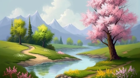 Beautiful spring landscape with pink flowers and river. Vector illustration.の素材