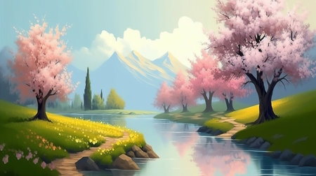 Spring landscape with blooming flowers and mountains. 3D illustration.の素材