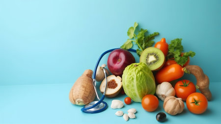 Healthy food. Vegetables, fruits and medical stethoscope on blue backgroundの素材