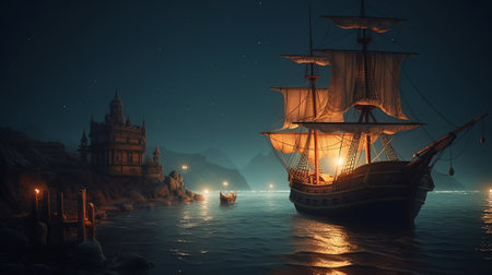 Ancient ship in the sea at night. 3D illustration. Vintage style.の素材