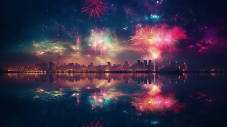 Colorful fireworks of various colors over the cityscape and water reflectionの素材